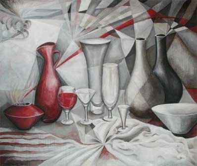 Tässä näet maalauksen Lasia ja viininpunaista kokonaisuudessaan. 